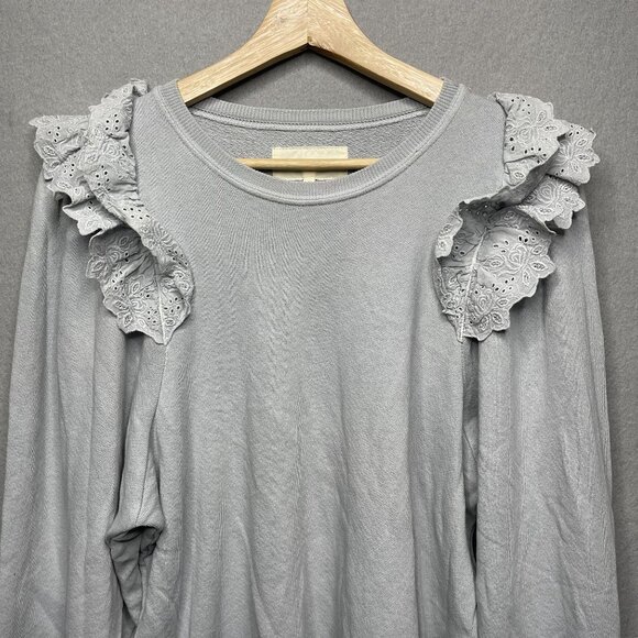 THE GREAT. Eyelet Pleat Sleeve Ruffle Sweatshirt Prairie Floral Blue Size 0 - Picture 2 of 6